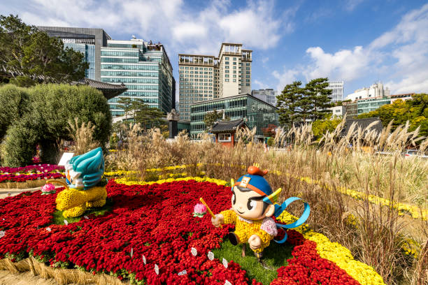 Seoul, South Korea - October 22 2023: Jogyesa Temple (조계사).It is the spiritual center of Korean Zen Buddhism (Seon) and is famous for its stunning floral arrangements, especially during the annual Lotus Lantern Festival. At the temple, you’ll find impressive Buddha statues and a peaceful, meditative atmosphere right in the heart of the city.