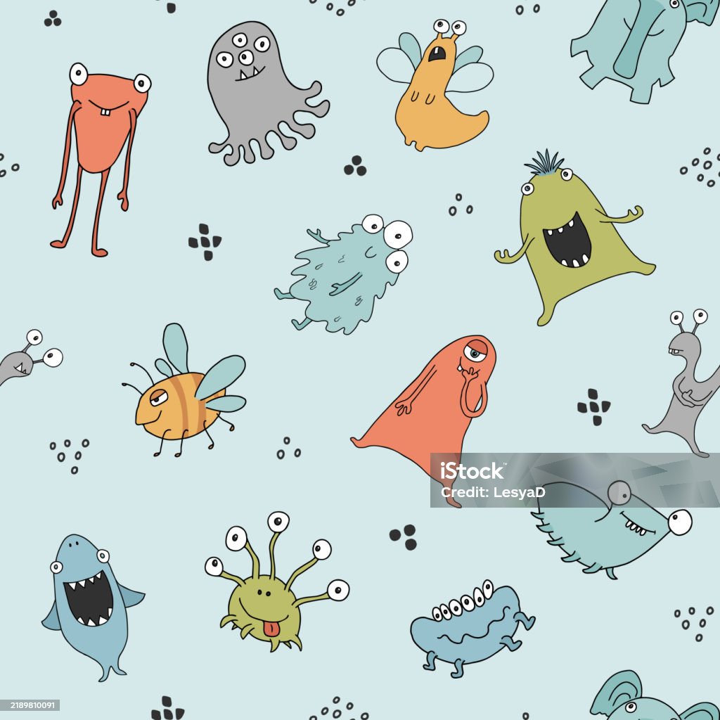 Monster Background Vector Cute Monsters Seamless Pattern Cartoon Monsters Background Vector ...