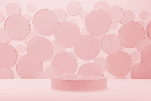 istock Pink glass shining round podium, pink abstract stage mockup. Flying circles pattern. Template 3D illustration sweet, purity, airy scene for presentation cosmetic products, goods, advertising, design. 2189816325