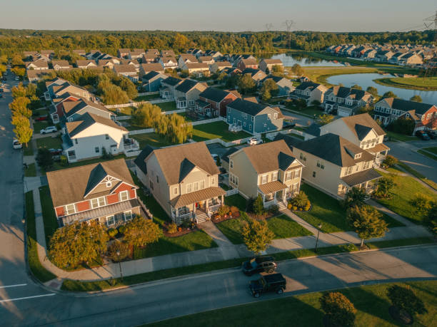istock Golden Hour  - Modern Middle Class Neighborhood - Dense Population 2189820233