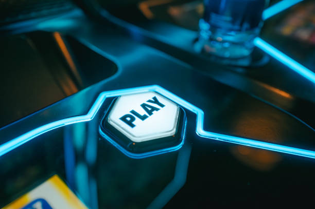 istock Casino Slot Machine - Play Button - Close Up - Blue 2189821743