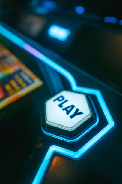 istock Casino Slot Machine - Play Button - Close Up - Blue 2189822435