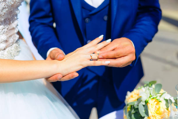 istock The groom wears the wedding ring bride. Wedding ceremony. close 2189836615