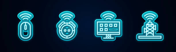 istock Set line Wireless mouse, Robot vacuum cleaner, Smart Tv system and antenna. Glowing neon icon. Vector 2189845220
