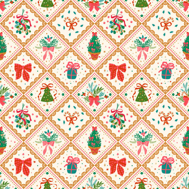 illustrations, cliparts, dessins animés et icônes de noël arcs et rubans patchwork motif sans couture avec des éléments de vacances d’hiver. cozy vector quilt, couverture - papier peint noel