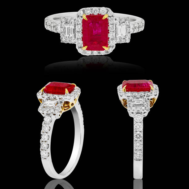 istock Elegant White and Yellow Gold Ring with Ruby Center Stone and Diamond Accents on Black Background, Luxury Jewelry with Precious Gemstones 2189849183