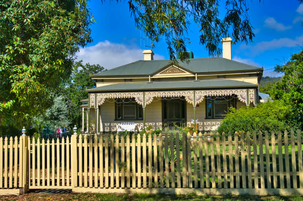 Maldon, Australia, 1-26-2011. Beautiful 19th-century colonial house with heritage wrought iron victorian lacework in the old gold mining town of Maldon, Central Victoria, Australia