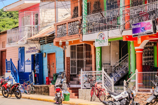 San Juan del Sur, Nicaragua - August 28, 2024. The streets of San Juan del Sur are lined with shops, signs, and Nicaraguan flags in anticipation of Fiestas Patrias.