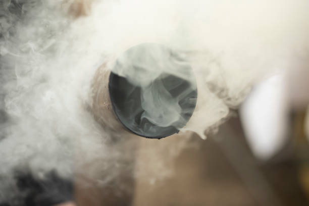 Smoke from a steel pipe. Hot pipe. Smoke from a samovar. Outdoor kitchen.
