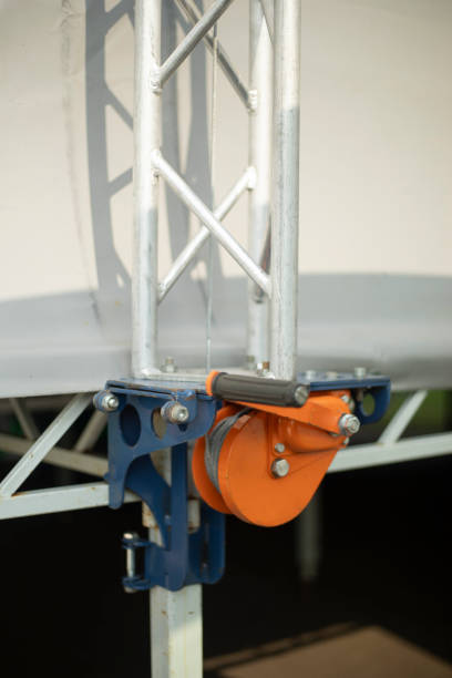 istock Winch for lifting the stage. Cable winding mechanism. Attachment to the structure. 2189901069