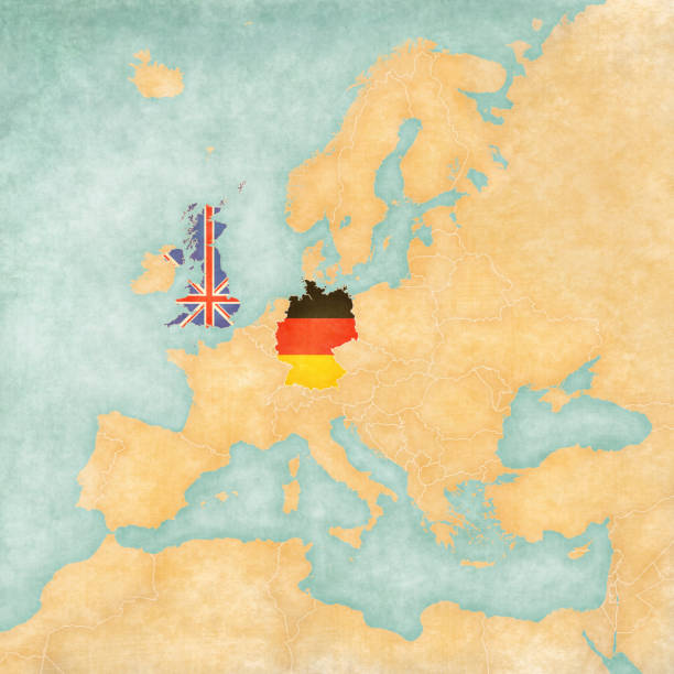 United Kingdom and Germany on the map of Europe in soft grunge and vintage style, like old paper with watercolor painting.