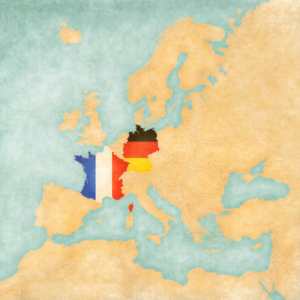 Germany and France on the map of Europe in soft grunge and vintage style, like old paper with watercolor painting.