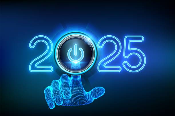 istock 2025 start. Wireframe hand about to press a power button. Happy new year 2025. New Year two thousand and twenty five is coming concept. Vector illustration. 2189902081