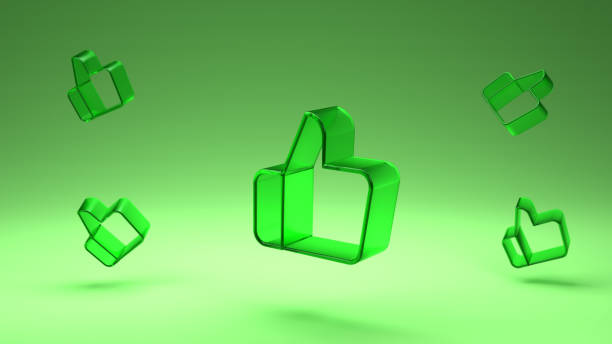 This clean and modern stock image features floating 3D thumbs-up icons in a transparent green set against a soft blue gradient background. It is perfect for concepts related to social media, approval, likes, and online engagement.
