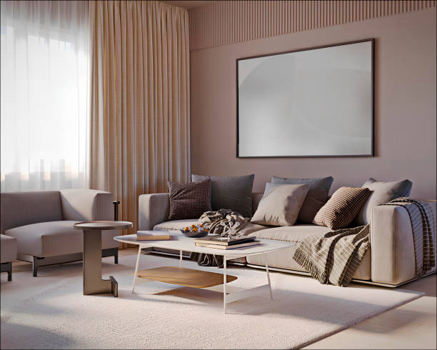 istock 3D render. Living room interior design with sofa, coffee tables, armchairs, empty frame and curtains. 2189912356