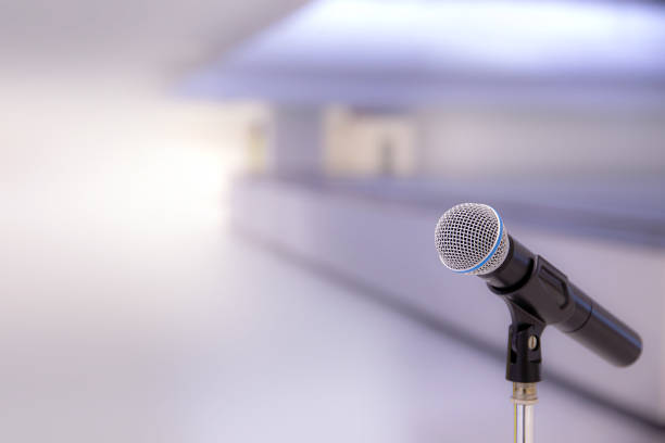istock Microphone for press conference speaker report interview concepts or broadcasting public speaking speech presentation stage performance and reporter news with empty copy space background. 2189913627