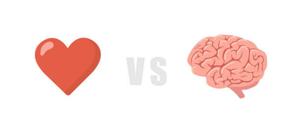 Brain vs Heart. Logic and feel choice concept. Emotion and intellect balance. Flat icons isolated on white background. Vector illustration in cartoon style Brain vs Heart. Logic and feel choice concept. Emotion and intellect balance. Flat icons isolated on white background. Vector illustration in cartoon style. flat thinking emoji stock illustrations