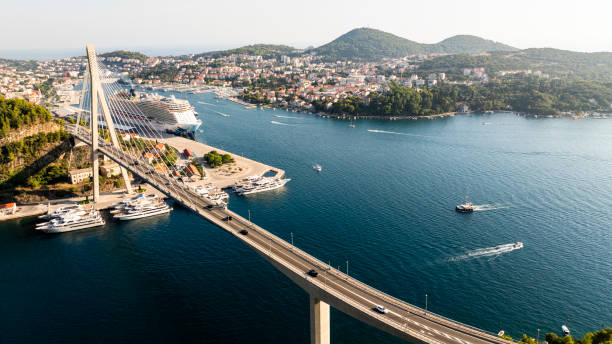 Franjo Tu?man Bridge with Sea,Mountain,Ship,and Coastal Town View