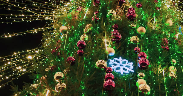 istock Colorful Christmas tree adorned with sparkling lights and decorative ornaments during festive season in December 2189922309