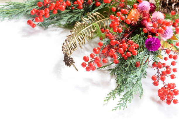 Christmas arrangement with poinsettia flowers and silver leaves on pastel background. Flat lay. Top view, copy space.