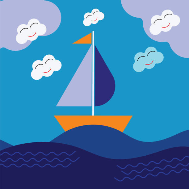 Simple and cute pastel blue boat illustration flat colored stock illustration.Wavy and cloudy boat illustration vector.