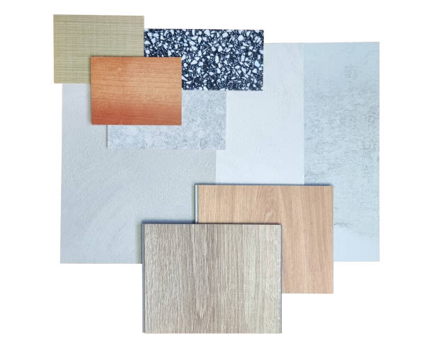 istock interior decoration material samples including wooden veneer, black terrazzo stone, wooden vinyl tile, concrete laminated isolated on background with clipping path. 2189929173