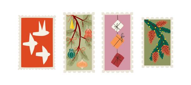 istock Set of stamps with Christmas illustrations drawn in flat style. Christmas, letters, holidays. Hand drawn vector illustration. 2189930989