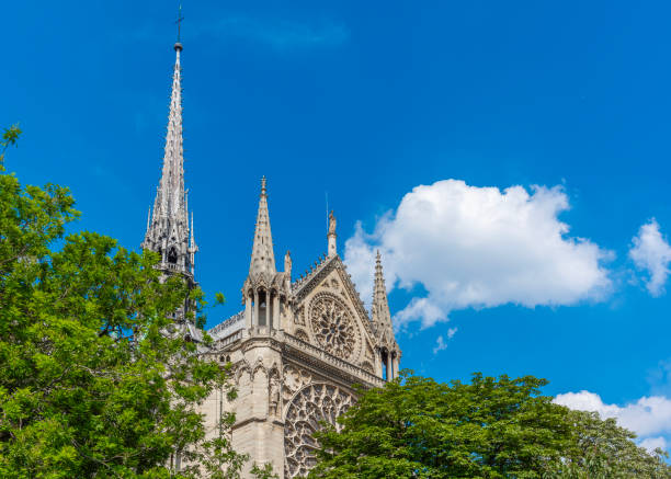 World famous Notre Dame de Paris Cathedral under a blue sky, France
