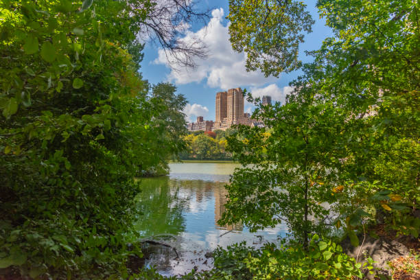 Central Park lake with Manhattan buildings on the background. New York City, USA