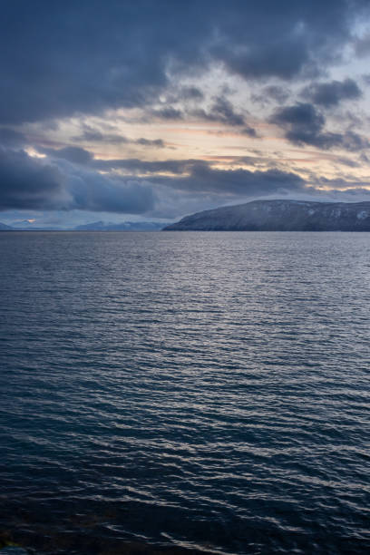 Sunset of a short day in the late autumn. Calm water of a fjord, lined by nature. Mountains in the background. Cloudy sky with a touch of sunlight. Ofotfjorden, Norway.