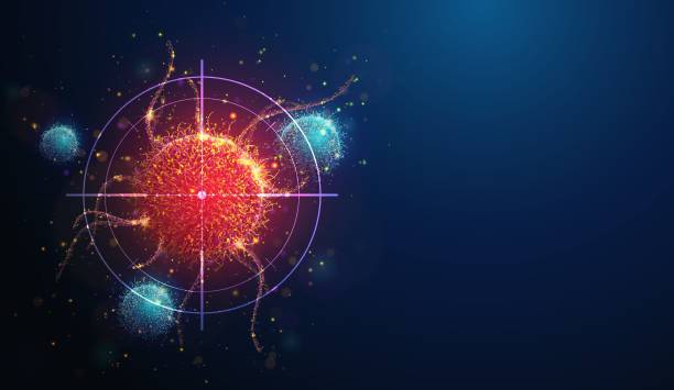 stockillustraties, clipart, cartoons en iconen met abstract vertical illustration of targeting cancer cell made of glowing neon particles. blue geometric background depicting cancer cell screening and disease treatment medical concept. digital vector illustration - alternatieve therapie