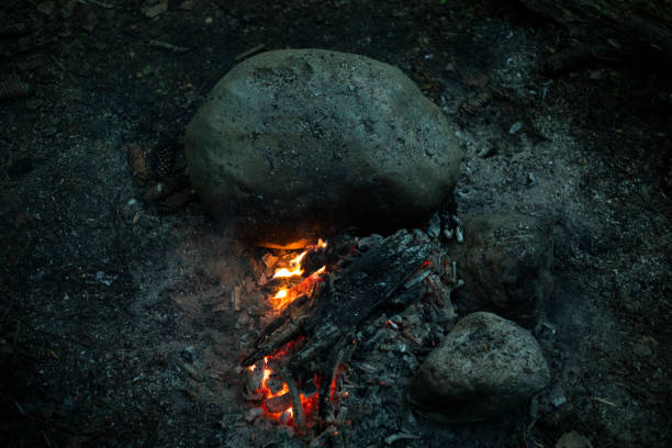A bonfire in the woods. A stone by the fire. Coals smoldering. Hearth in the wilderness.