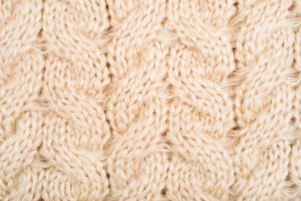 Cozy background of beige knitted texture with cables and braids