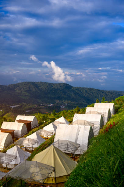 istock white Tents Camping Village on mountain peak landscape 2189945260