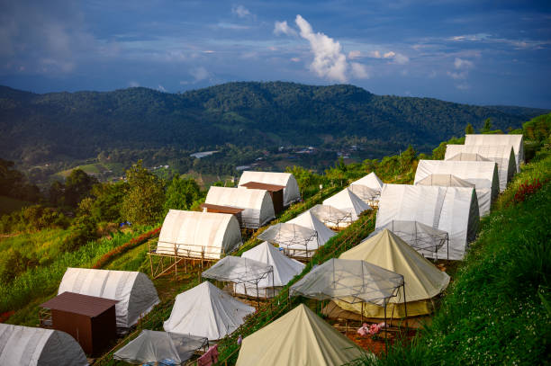 istock white Tents Camping Village on mountain peak landscape 2189945799