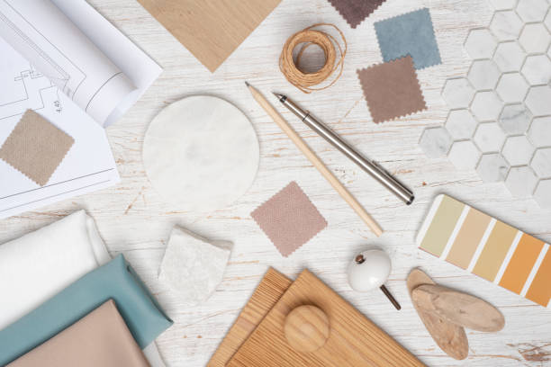 istock Creative table top view of furniture or interior designer with various samples and tools 2189949000