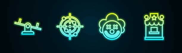 istock Set line Seesaw, Target sport, Clown head and Ticket box office. Glowing neon icon. Vector 2189954985