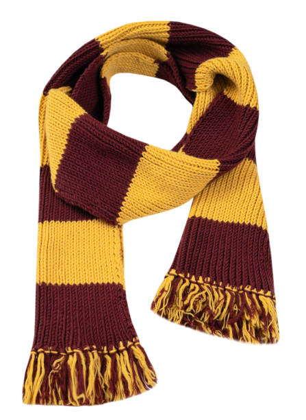 Yellow scarf with brown stripes isolated on white, autumn decor, fall clothing element.