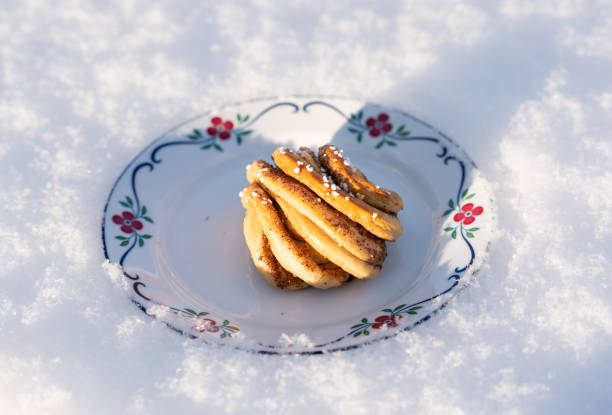 A plaited cinnamon roll pastry resting on a plate with a floral pattern, the plate is on a bed of fresh snow