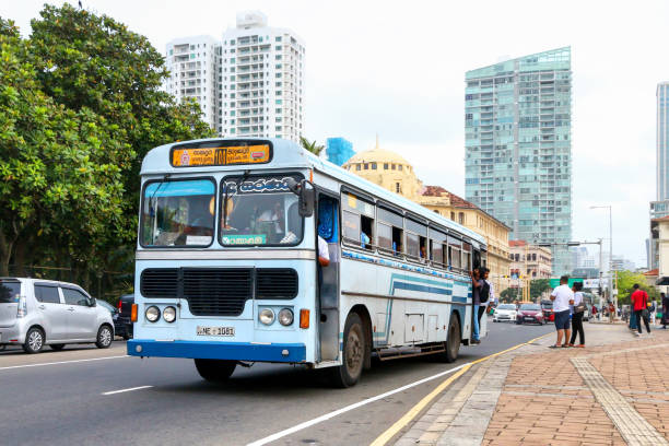 Colombo, Sri Lanka - September 28, 2024: Cyan city bus Lanka Ashok Leyland Viking in the city street.