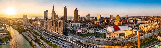 Panoramic view of Cleveland, Ohio skyline at sunset