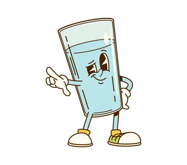 Cartoon groovy glass of water character with expressive eyes, wearing sneakers, and pointing with one finger. Isolated vector drink personage with confident and friendly expression, conveying fun