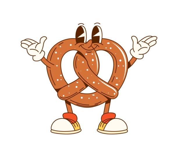 Cartoon groovy pretzel fast food character. Isolated vector bakery and pastry retro personage with a playful expression, wearing retro sneakers and exudes funky vibe. Fresh snack with cheerful smile