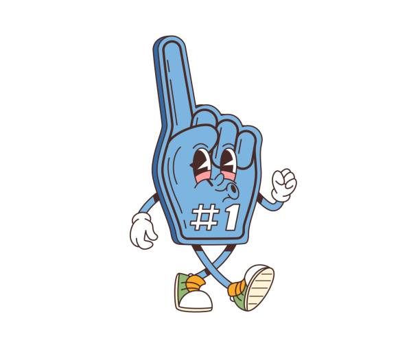 Cartoon retro groovy sport fan glove character. Vector foam finger personage with the number one fan status, dances energetically and has a fun, nostalgic 70s vibe, exuding excitement and team spirit