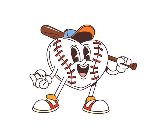 Cartoon retro groovy baseball heart character with bat and ball exuding quirky vibe. Vector sports gear personage wearing sneakers and cap exudes positive, sporty vibe on the field and love to sport