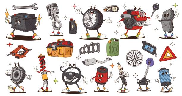 Retro cartoon groovy car spare part and tool characters, vector funky comic. Groovy funny car engine with cheerful face, silly gear with freaky smile and happy tire wheel with wrench emoji character
