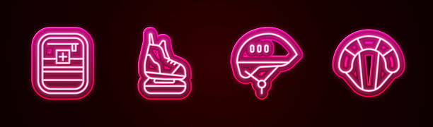 istock Set line First aid kit, Skates, Bicycle helmet and Parachute. Glowing neon icon. Vector 2190000701