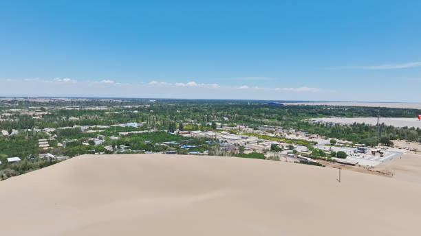Aerial Photography Of Mingsha Mountain Crescent Spring,Dunhuang,Gansu,China,Asia.