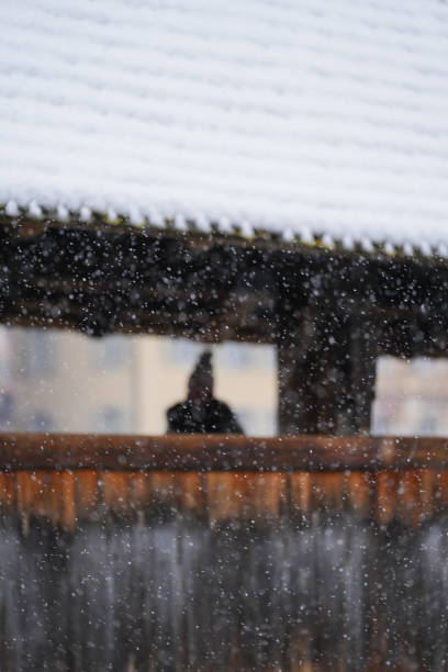 Silhouette of a person under a snow-covered roof. Winter scene with snowflakes falling. Rustic wooden construction visible in the snowy landscape.K