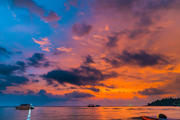 Beautiful sunset above the ocean on tropical beach in Asia